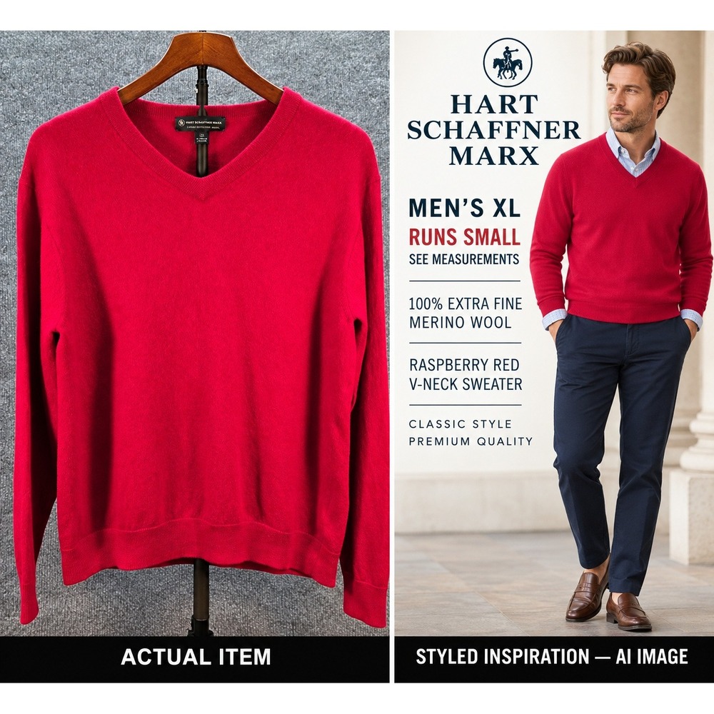 Hart Schaffner Marx V-Neck Sweater Mens Merino Wool Red XL Excellent Preppy